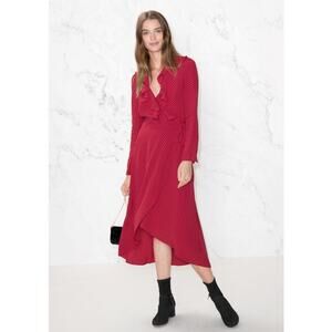 & OTHER STORIES Ruffle Tie Midi Wrap Dress Womens 6 Red Polka Dot Long Sleeve